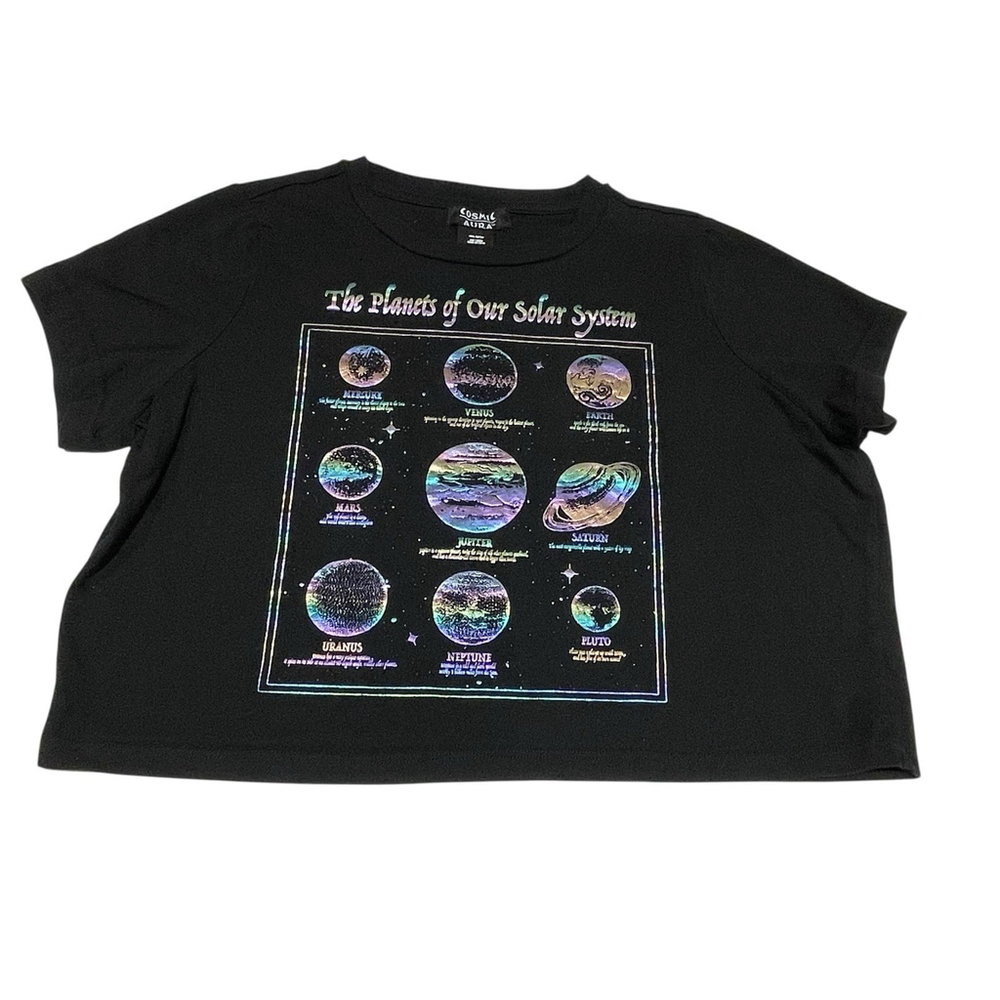 Cosmic Aura Hot Topic Womens Cropped Tee Black Metallic Solar System Plants Sz S